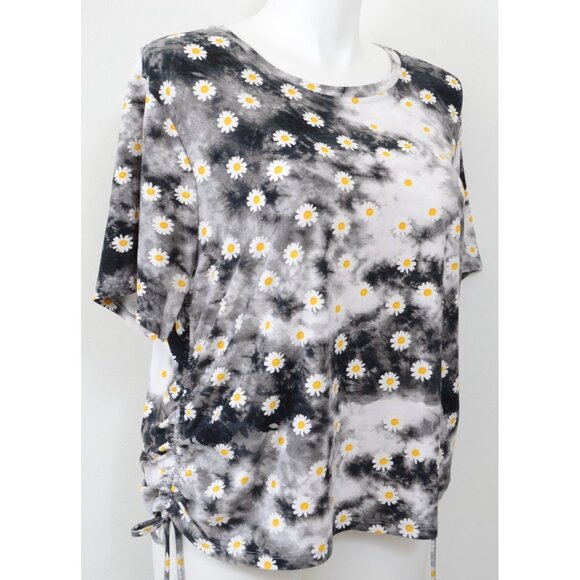 Orange Kiss Daisy Flower PLUS Size 2X Ruched Side Artsy Tee Floral T-Shirt Top - Picture 4 of 10